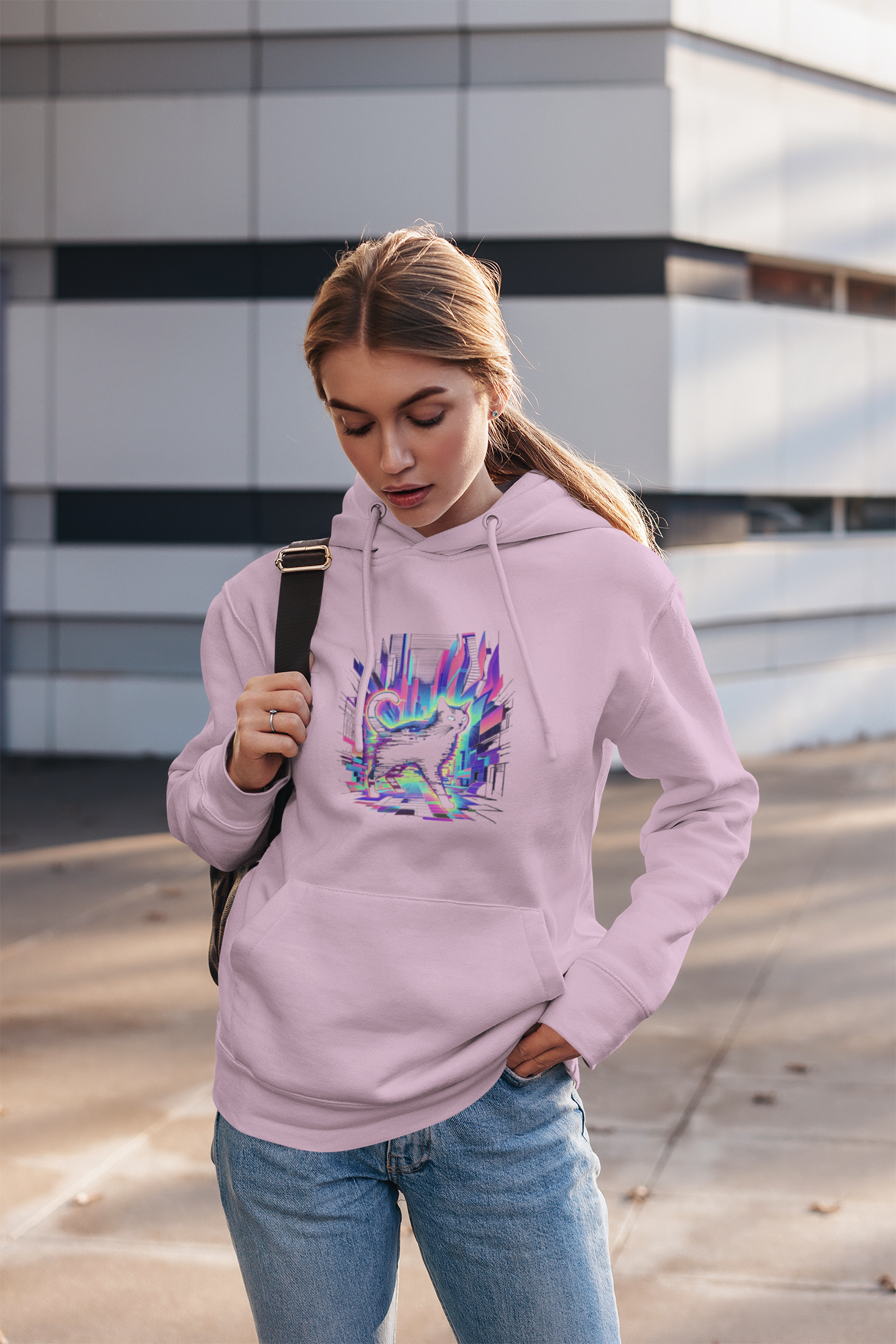 Retro Glitch Cat Hoodie — Vaporwave Neon Cat Graphic Sweatshirt