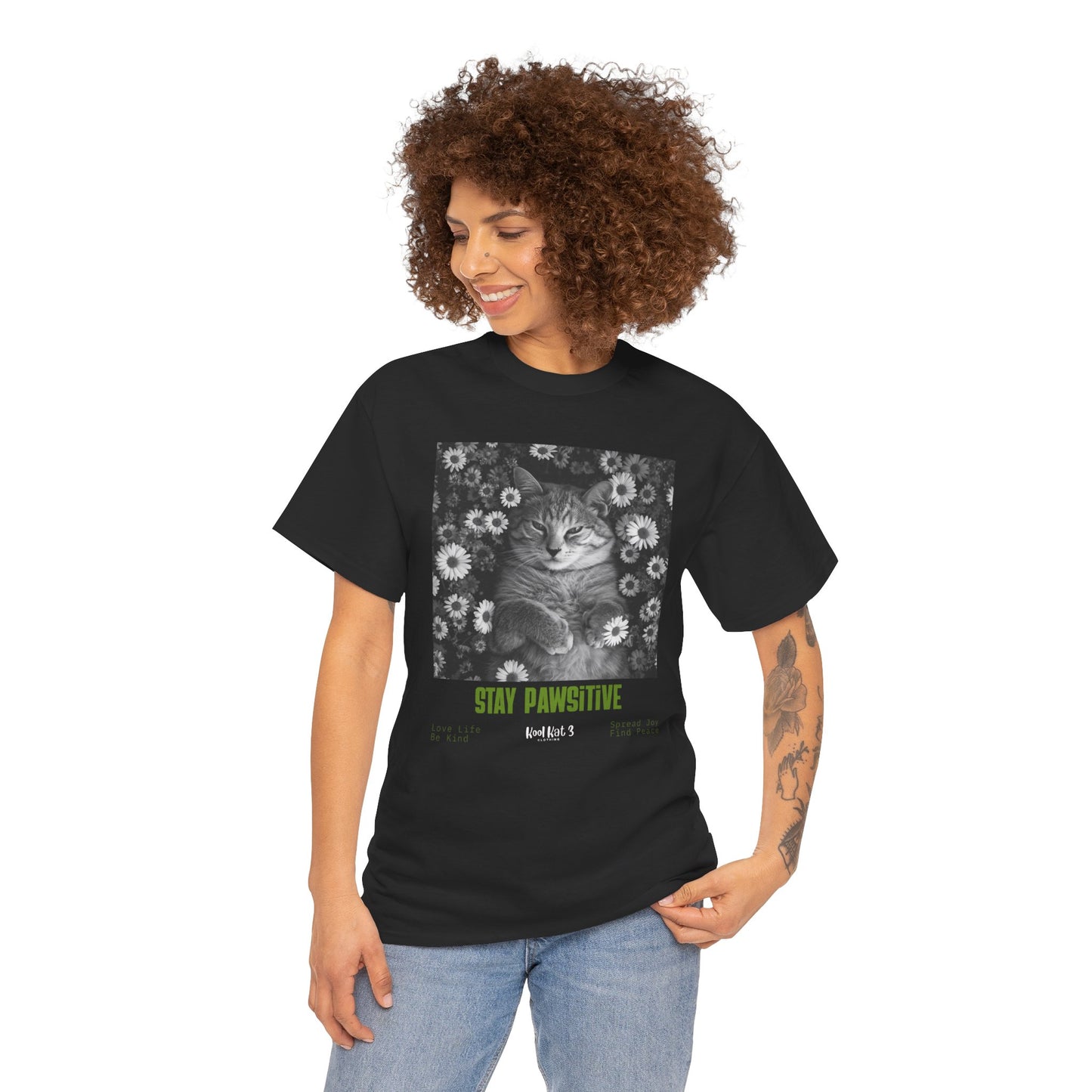 Cat Poster Tee — "Stay Pawsitive" Floral Cat Graphic T-Shirt