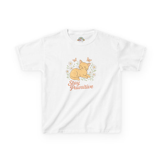 Kids Tee — "Stay Pawsitive" Sleeping Cat Graphic