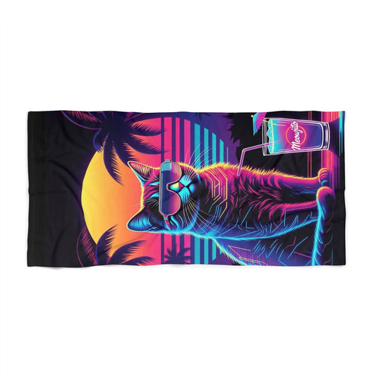 Neon Retro Cat Beach Towel – 80s Sunset Palm Drink Design