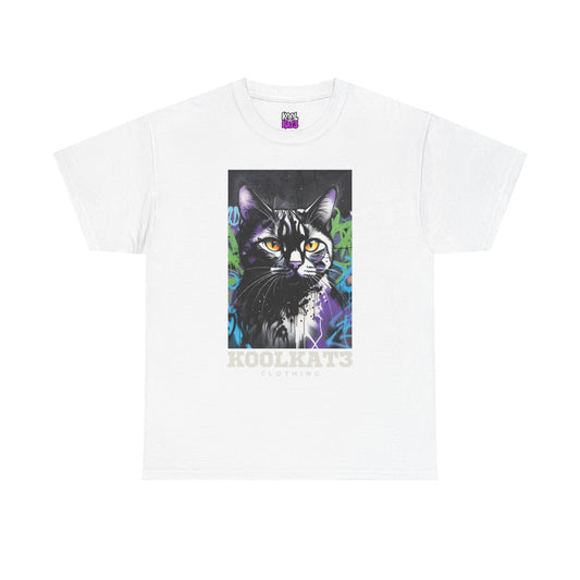 Cat Portrait T-Shirt — Urban Graffiti Black Cat Tee with Amber Eyes