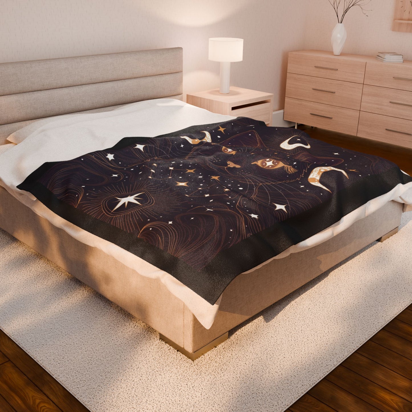 Mystic Cat Moon Velveteen Plush Blanket — Celestial Black Cat Throw