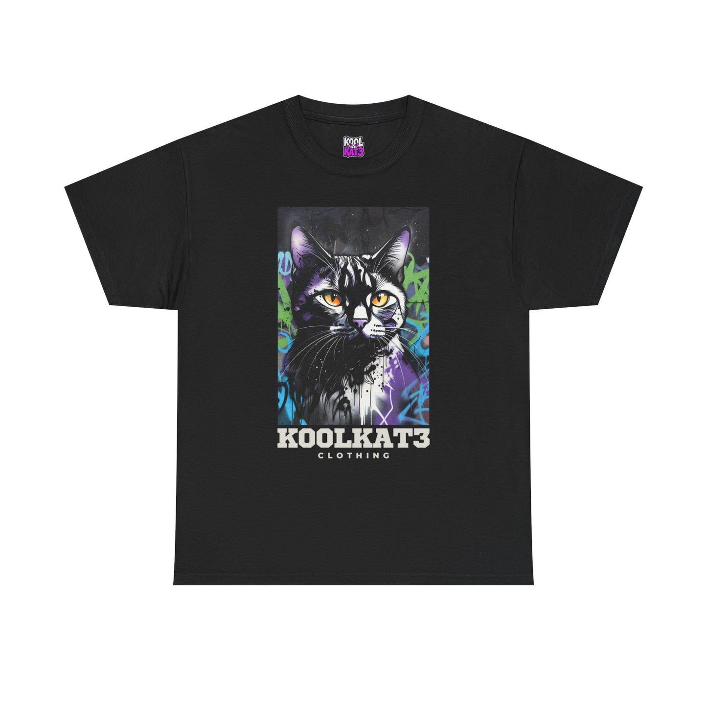 Cat Portrait T-Shirt — Urban Graffiti Black Cat Tee with Amber Eyes
