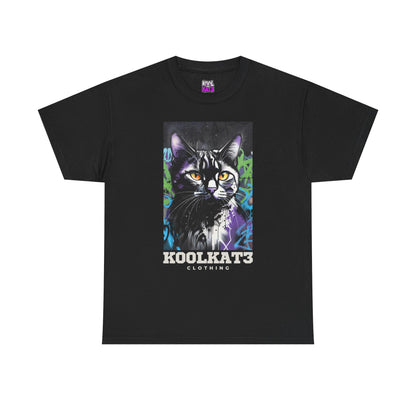 Cat Portrait T-Shirt — Urban Graffiti Black Cat Tee with Amber Eyes