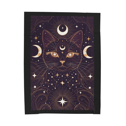 Mystic Cat Moon Velveteen Plush Blanket — Celestial Black Cat Throw