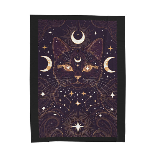 Mystic Cat Moon Velveteen Plush Blanket — Celestial Black Cat Throw