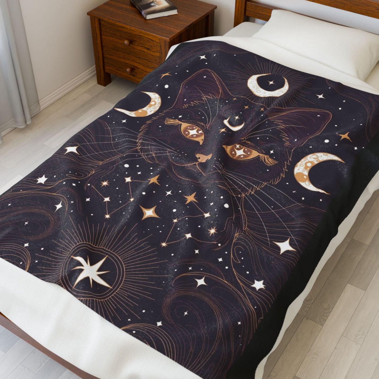 Mystic Cat Moon Velveteen Plush Blanket — Celestial Black Cat Throw
