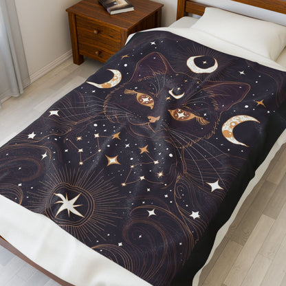 Mystic Cat Moon Velveteen Plush Blanket — Celestial Black Cat Throw