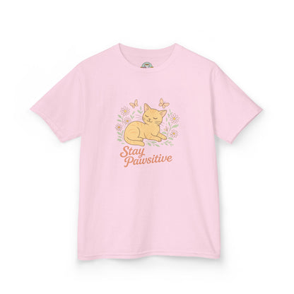 Kids Tee — "Stay Pawsitive" Sleeping Cat Graphic
