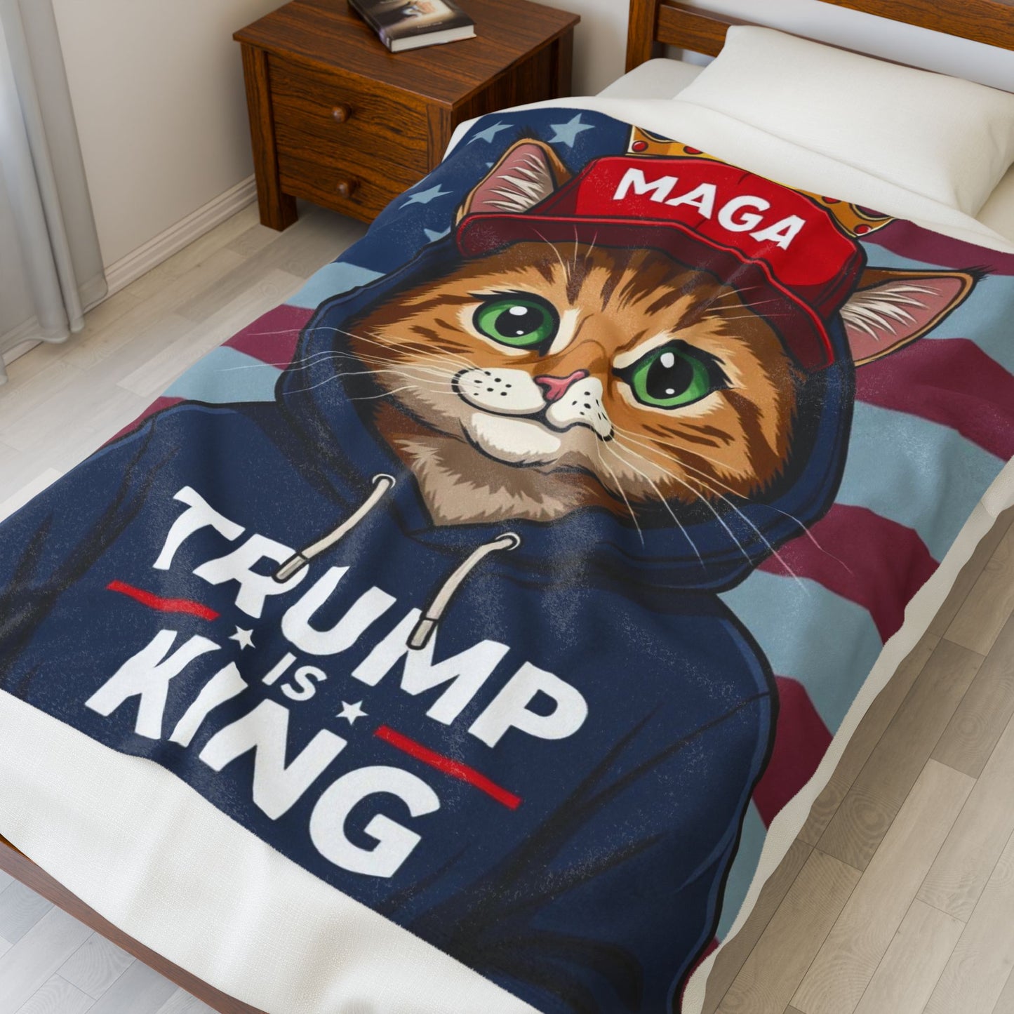 Patriotic Cat Plush Blanket, Cozy Throw for Cat Lovers, Gift for Holidays, Trump is King Design, Soft Blanket for Home Decor