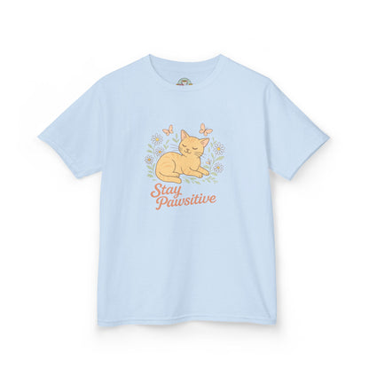 Kids Tee — "Stay Pawsitive" Sleeping Cat Graphic