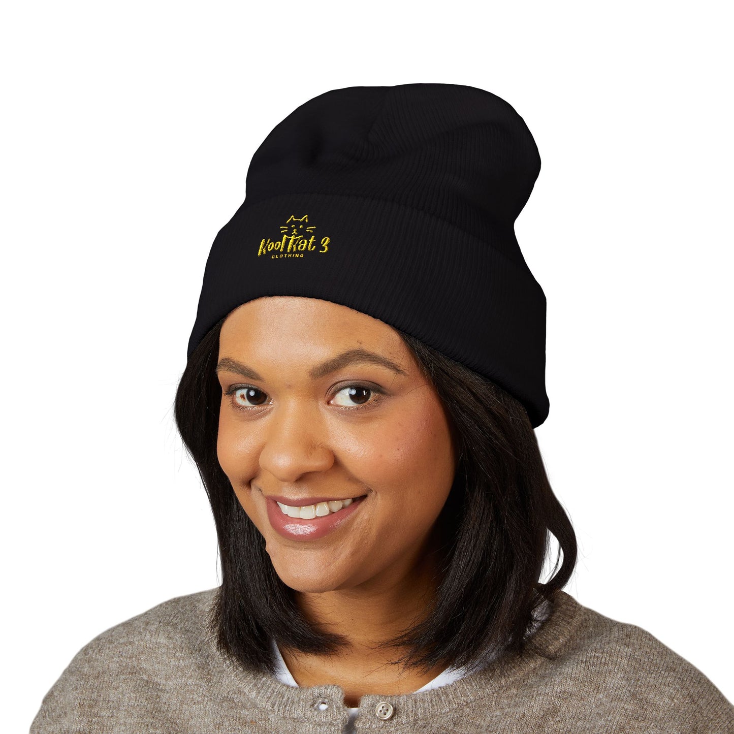 Embroidered Gold Crown Cuffed Beanie — Classic Winter Knit Hat
