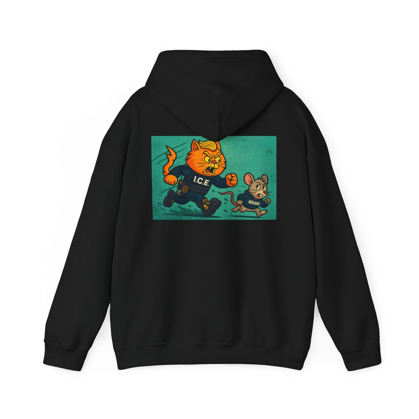 KoolKat 3 Heavy Blend Hoodie, "Trumpy Kitty I.C.E", Unisex Graphic Hoodie, Funny Animal Apparel, Gift for Cat Lovers