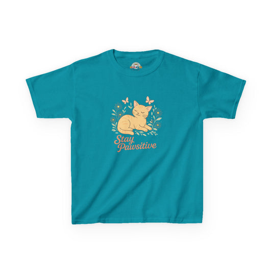 Kids Tee — "Stay Pawsitive" Sleeping Cat Graphic