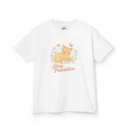 Kids Tee — "Stay Pawsitive" Sleeping Cat Graphic