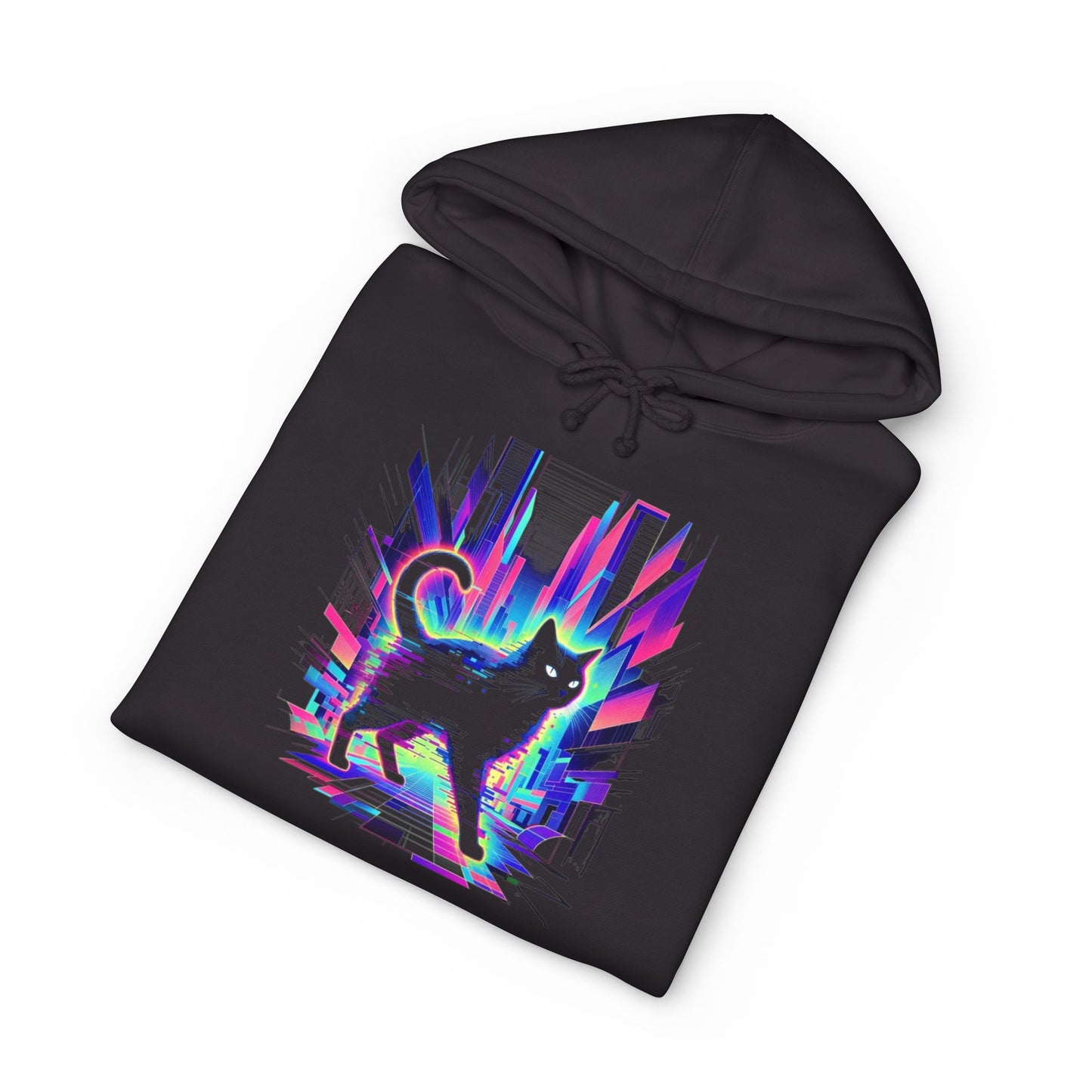 Retro Glitch Cat Hoodie — Vaporwave Neon Cat Graphic Sweatshirt