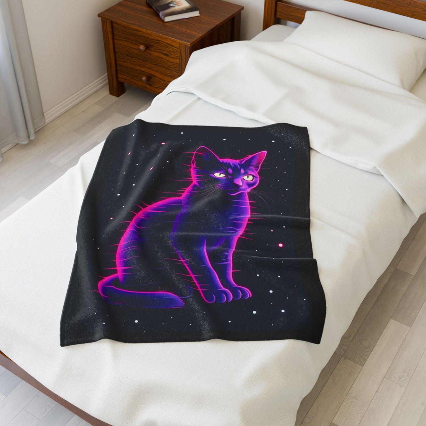 Neon Retro Space Cat Velveteen Plush Blanket