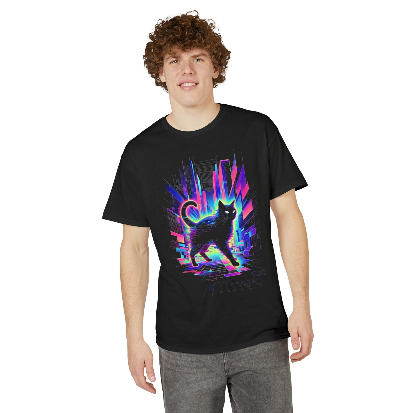 Retro Cyberpunk Cat T-Shirt — Neon City Night Graphic Tee