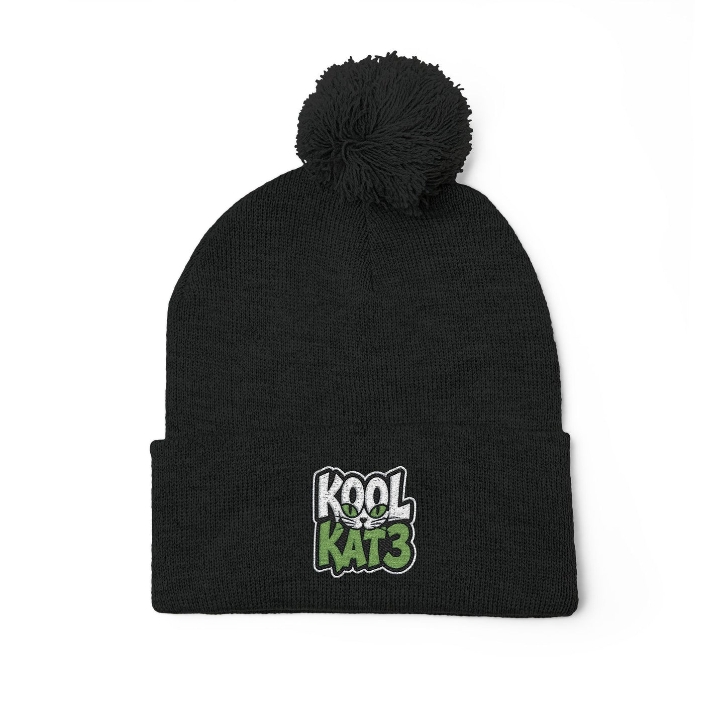 Kool Kat Embroidered Pom-Pom Knit Cap — Gray Winter Beanie