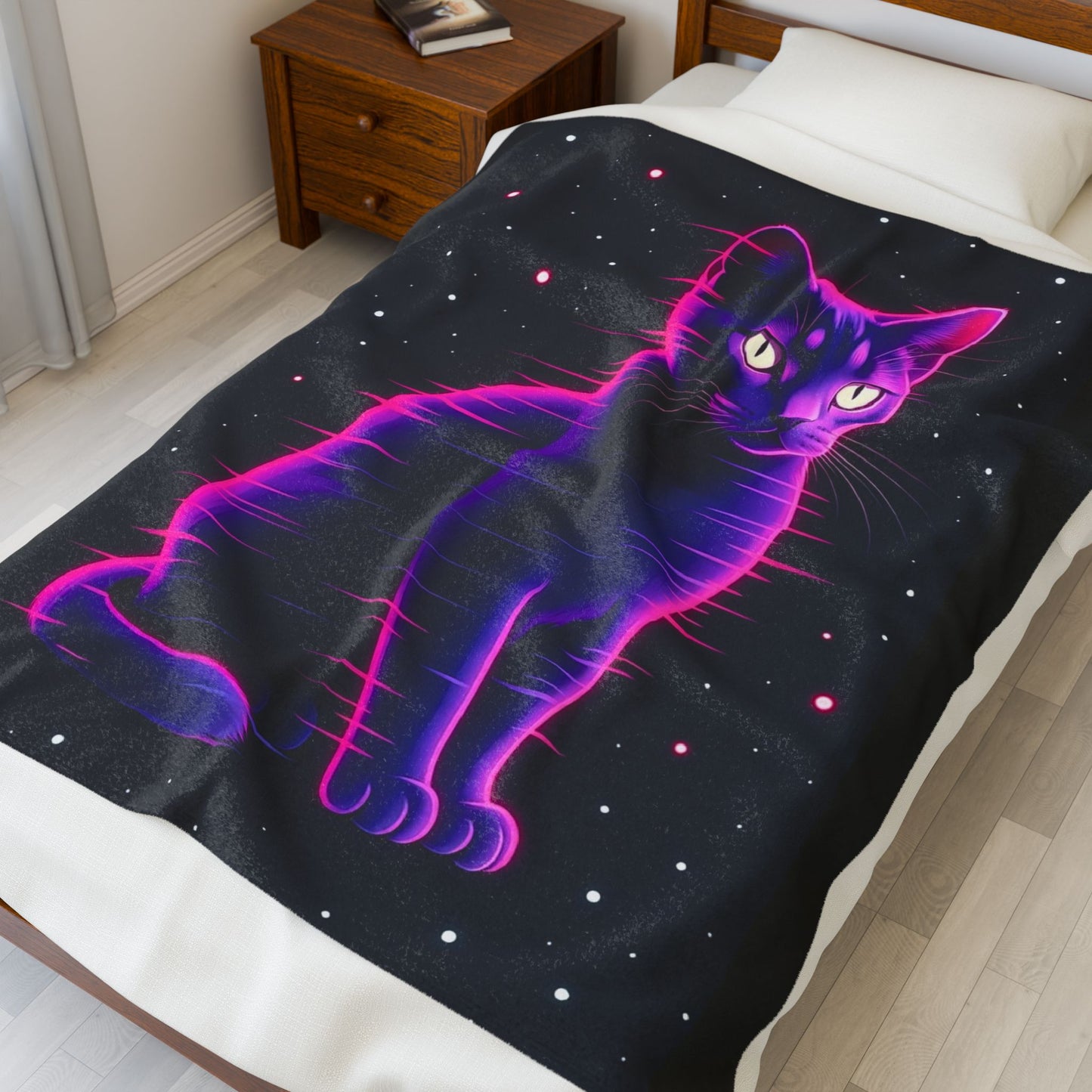 Neon Retro Space Cat Velveteen Plush Blanket