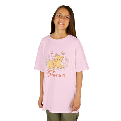 Kids Tee — "Stay Pawsitive" Sleeping Cat Graphic