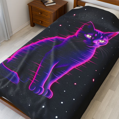 Neon Retro Space Cat Velveteen Plush Blanket