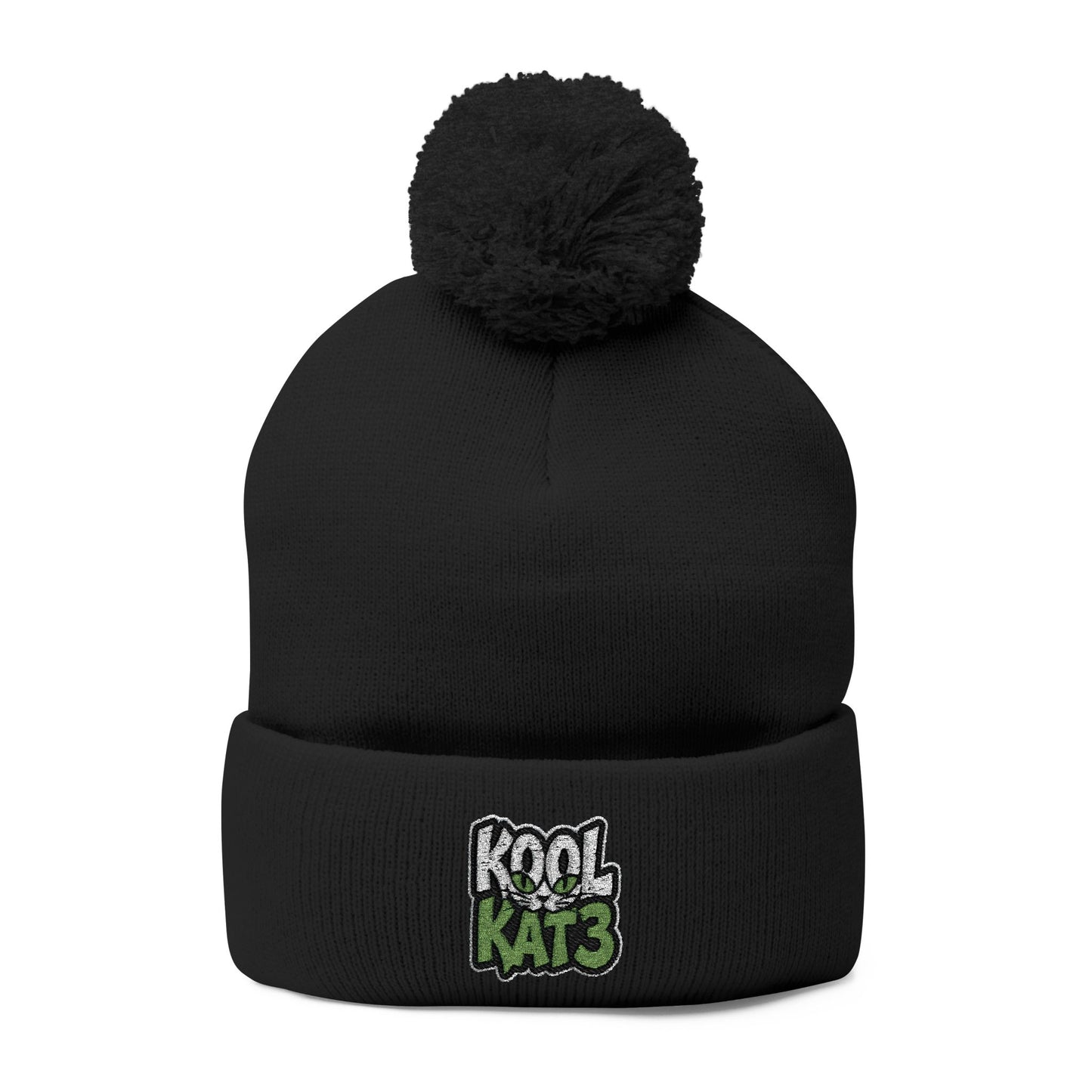 Kool Kat Embroidered Pom-Pom Knit Cap — Gray Winter Beanie
