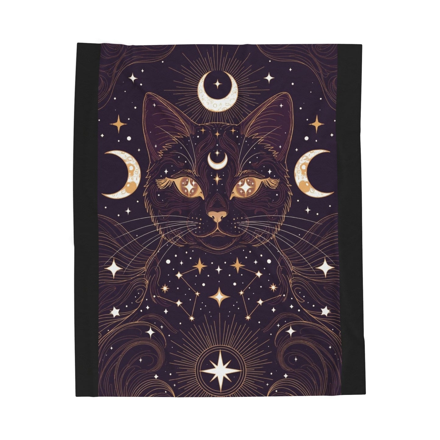 Mystic Cat Moon Velveteen Plush Blanket — Celestial Black Cat Throw