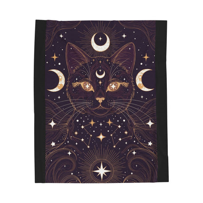 Mystic Cat Moon Velveteen Plush Blanket — Celestial Black Cat Throw