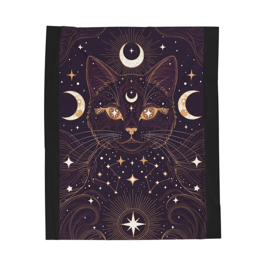 Mystic Cat Moon Velveteen Plush Blanket — Celestial Black Cat Throw