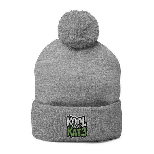 Kool Kat Embroidered Pom-Pom Knit Cap — Gray Winter Beanie