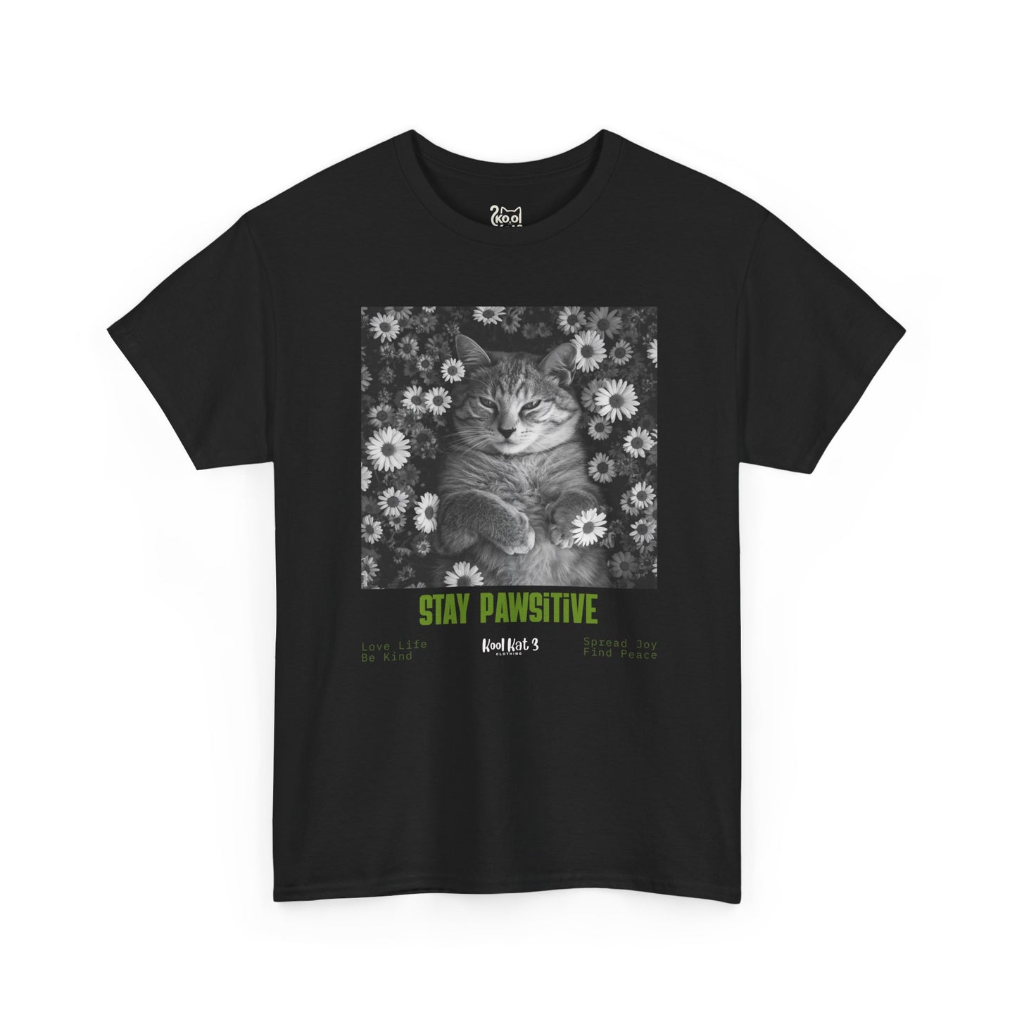 Cat Poster Tee — "Stay Pawsitive" Floral Cat Graphic T-Shirt