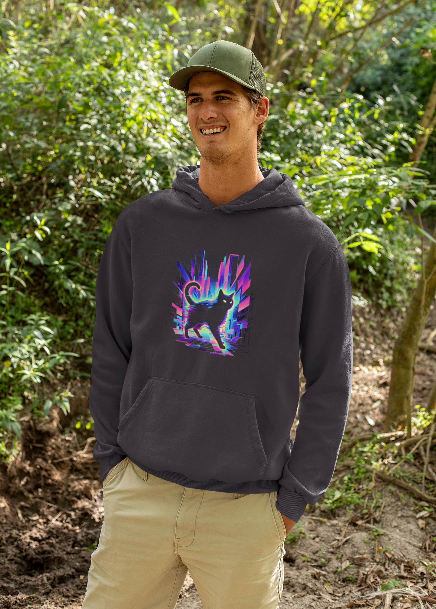 Retro Glitch Cat Hoodie — Vaporwave Neon Cat Graphic Sweatshirt