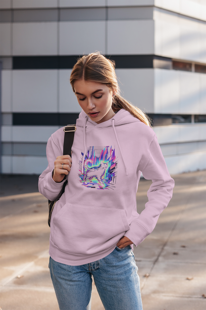 Retro Glitch Cat Hoodie — Vaporwave Neon Cat Graphic Sweatshirt