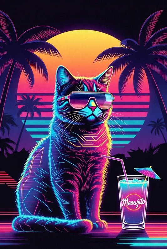 Neon Retro Cat Beach Towel – 80s Sunset Palm Drink Design