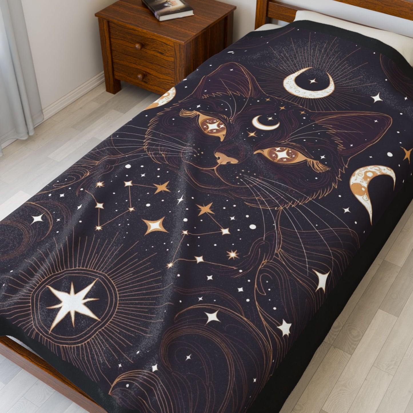 Mystic Cat Moon Velveteen Plush Blanket — Celestial Black Cat Throw