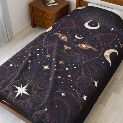 Mystic Cat Moon Velveteen Plush Blanket — Celestial Black Cat Throw