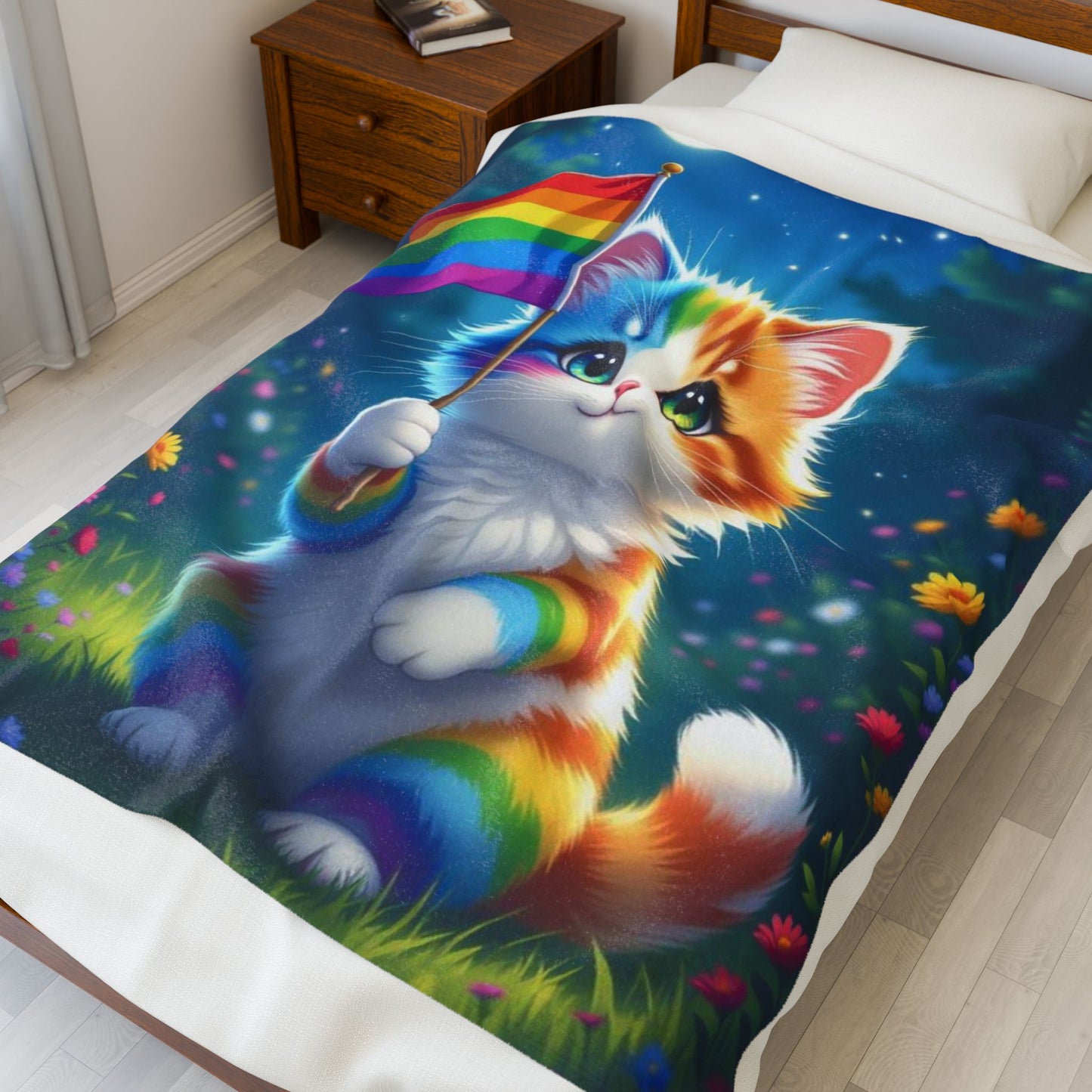 Rainbow Cat Plush Blanket, Cozy Animal Throw, Cute Gift for Cat Lovers, LGBTQ+ Pride Decor, Soft Velveteen Blanket