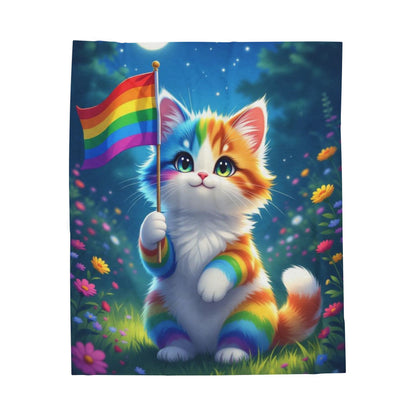 Rainbow Cat Plush Blanket, Cozy Animal Throw, Cute Gift for Cat Lovers, LGBTQ+ Pride Decor, Soft Velveteen Blanket