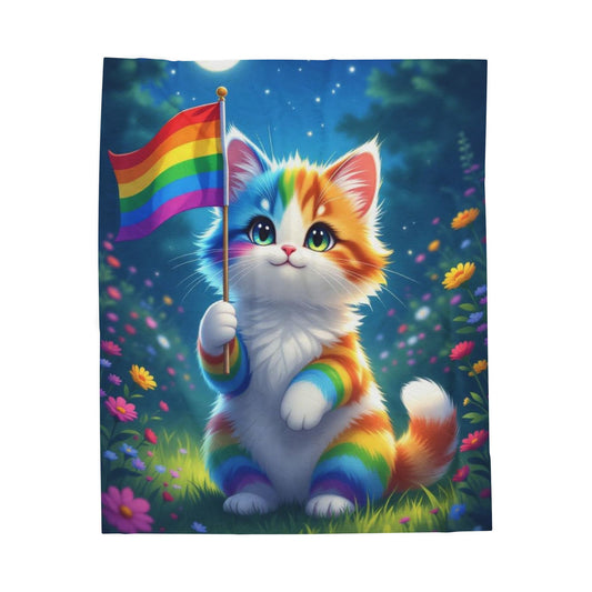 Rainbow Cat Plush Blanket, Cozy Animal Throw, Cute Gift for Cat Lovers, LGBTQ+ Pride Decor, Soft Velveteen Blanket