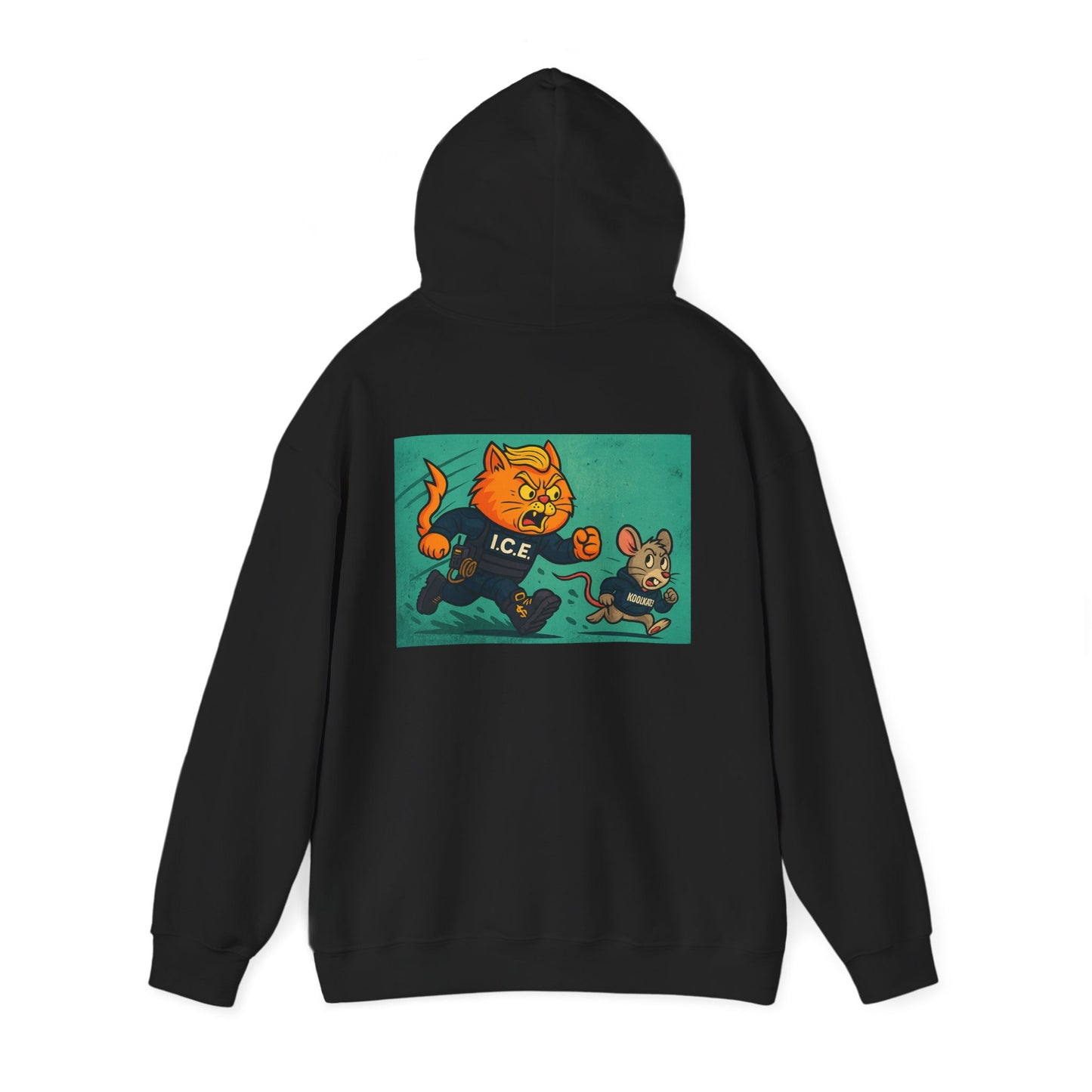 KoolKat 3 Heavy Blend Hoodie, "Trumpy Kitty I.C.E", Unisex Graphic Hoodie, Funny Animal Apparel, Gift for Cat Lovers