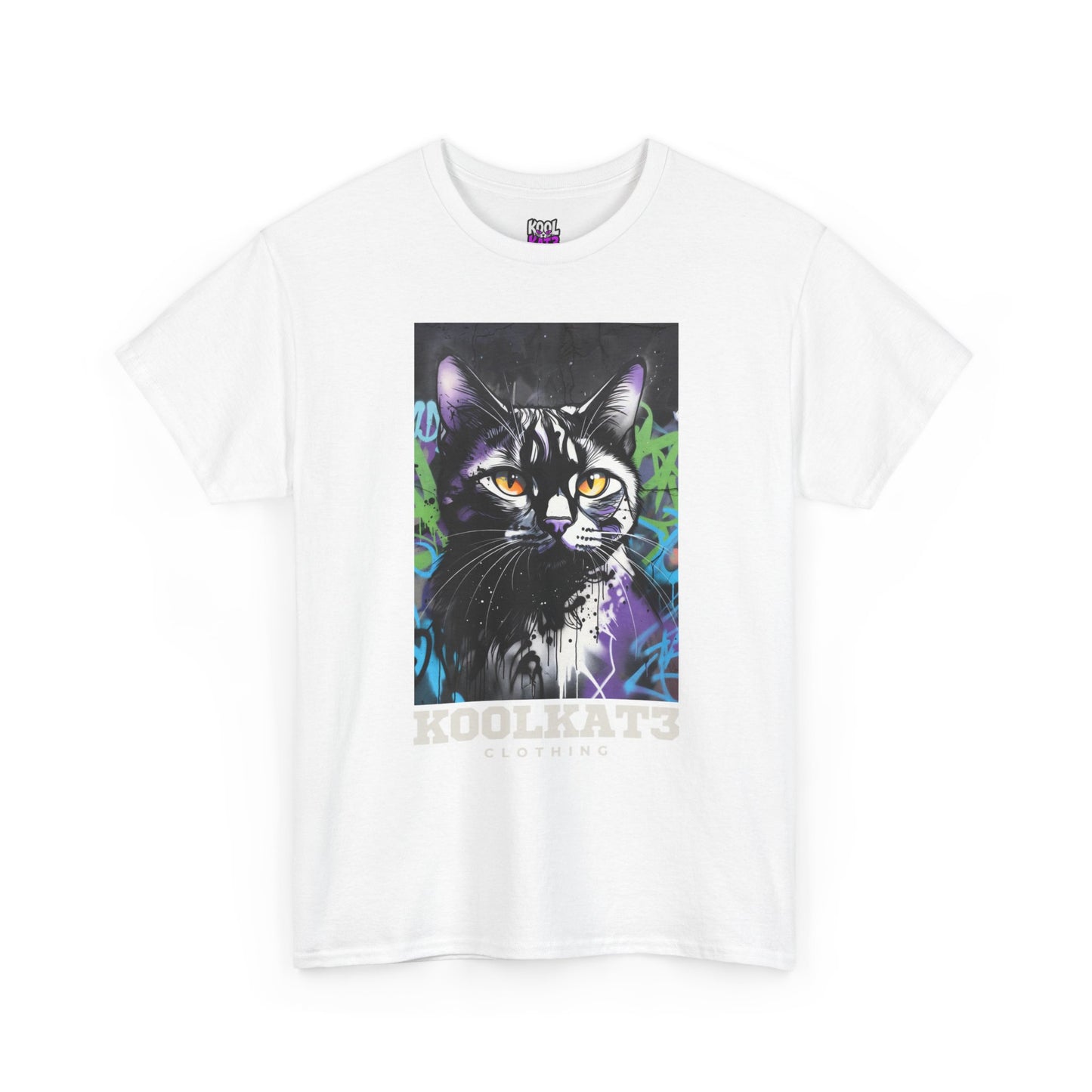 Cat Portrait T-Shirt — Urban Graffiti Black Cat Tee with Amber Eyes