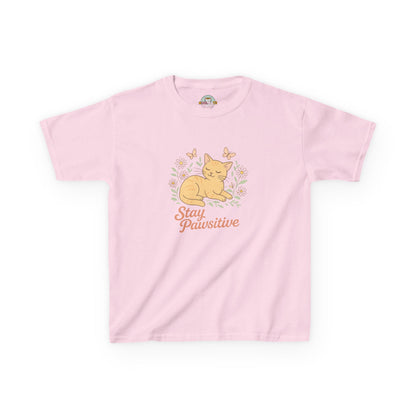 Kids Tee — "Stay Pawsitive" Sleeping Cat Graphic
