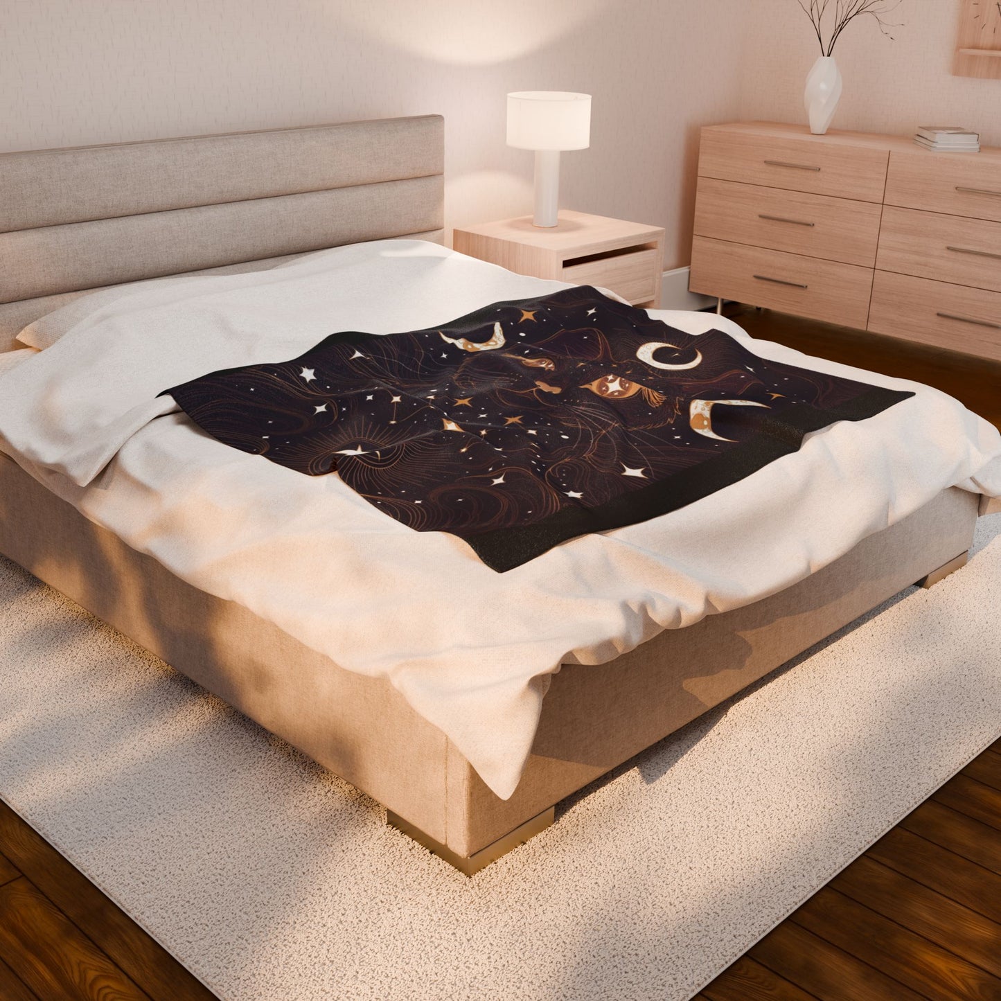 Mystic Cat Moon Velveteen Plush Blanket — Celestial Black Cat Throw