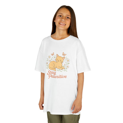 Kids Tee — "Stay Pawsitive" Sleeping Cat Graphic