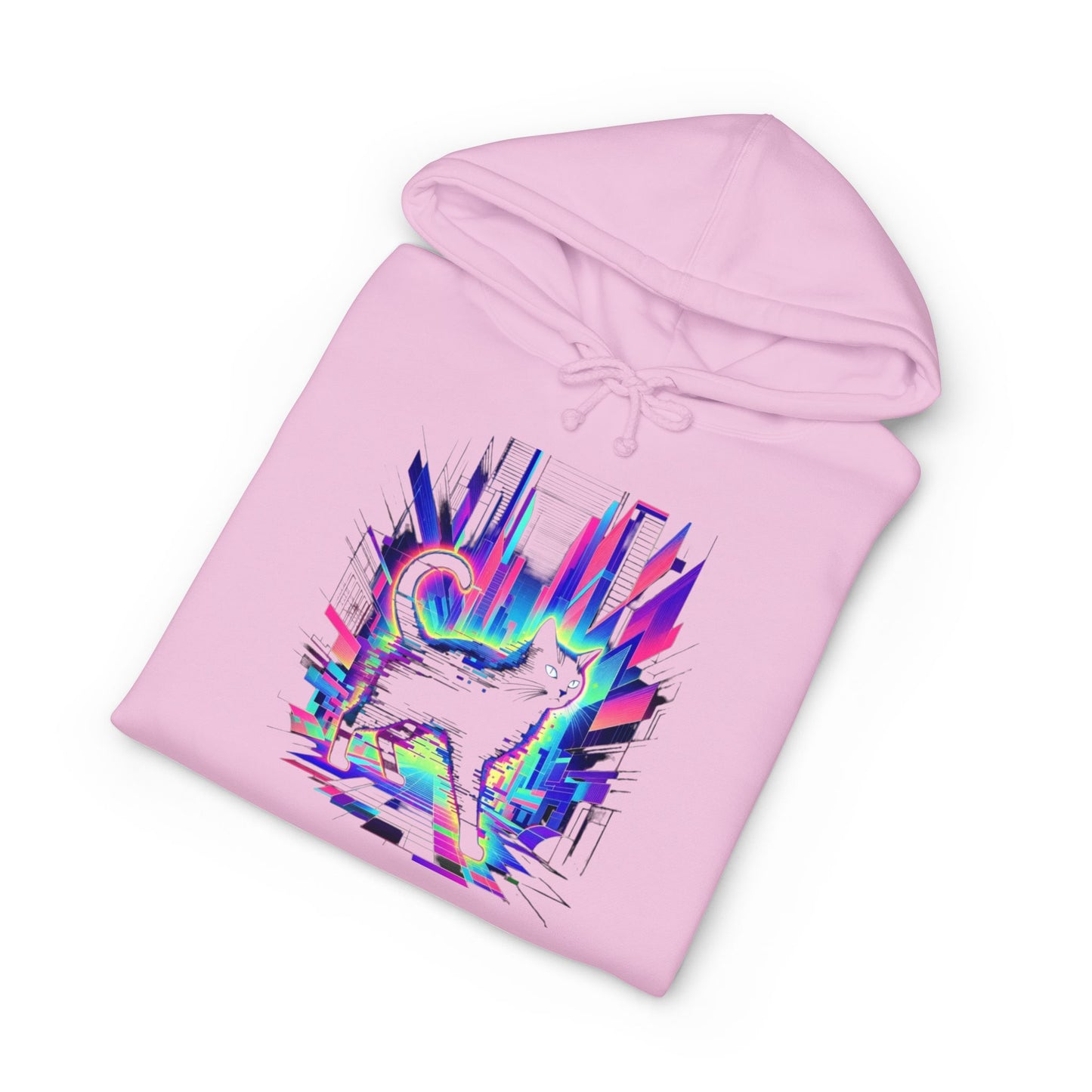 Retro Glitch Cat Hoodie — Vaporwave Neon Cat Graphic Sweatshirt
