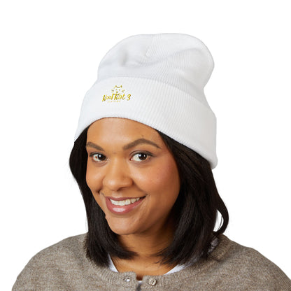 Embroidered Gold Crown Cuffed Beanie — Classic Winter Knit Hat