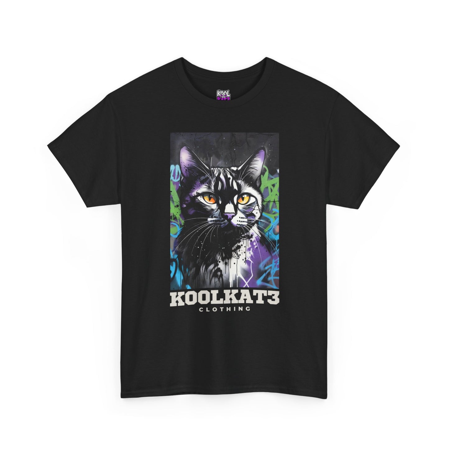 Cat Portrait T-Shirt — Urban Graffiti Black Cat Tee with Amber Eyes