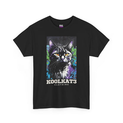 Cat Portrait T-Shirt — Urban Graffiti Black Cat Tee with Amber Eyes