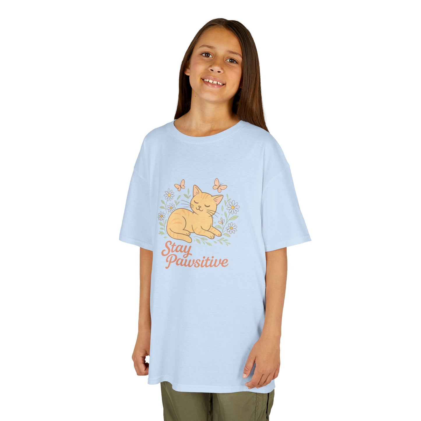 Kids Tee — "Stay Pawsitive" Sleeping Cat Graphic